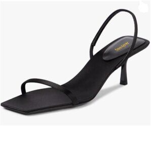 Maiyang Black Open Square Toe Slingback Satin Elastic Backstrap Mid Heel Sandals